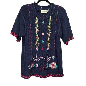 Vintage Grannycore Cottage  Embroidered Sweater S Floral Cable Knit Short Sleeve